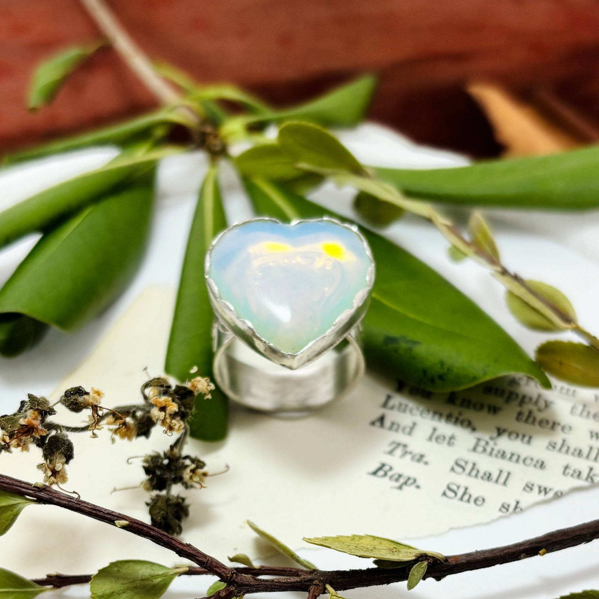 “OPI MY HEART”~Opalite Heart Ring with Heart Stamped Band