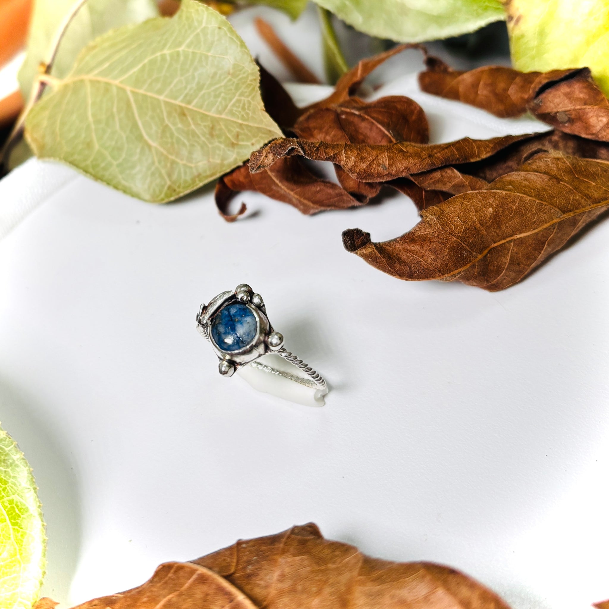 “SODALITE SIMPLICITY”~ Side Leaf Adorned sodlaite Ring with Delicate Twist Band