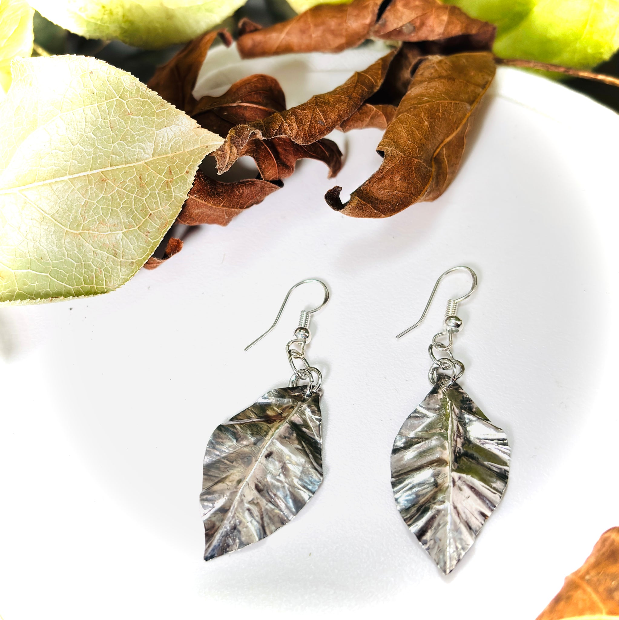 “DELICATELY FALLEN”~ Smaller Sterling Silver Hand Shaped Leaf Earrings