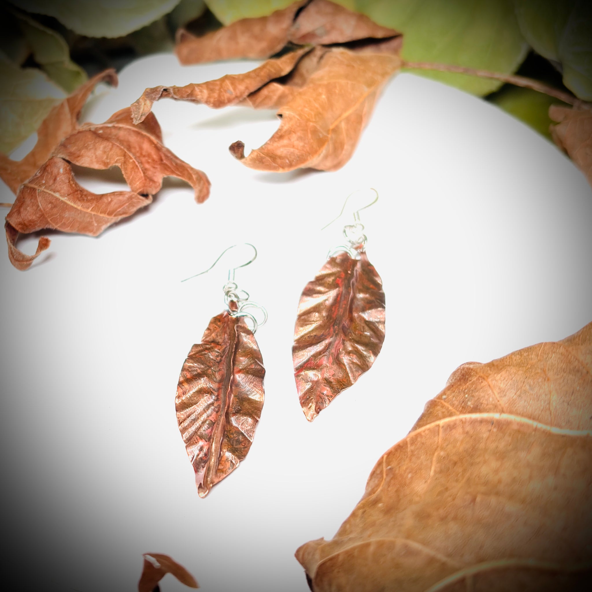 " SLEEK COPPER DROP"~ Copper Etched and Crinkle Leaf Earrings