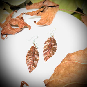 " SLEEK COPPER DROP"~ Copper Etched and Crinkle Leaf Earrings