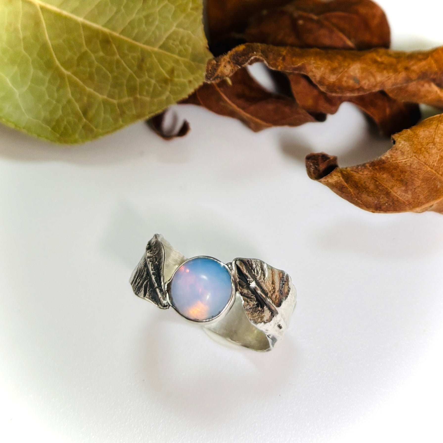 “FIERY OPALITE”~ Two Leaf Sterling Silver Ring