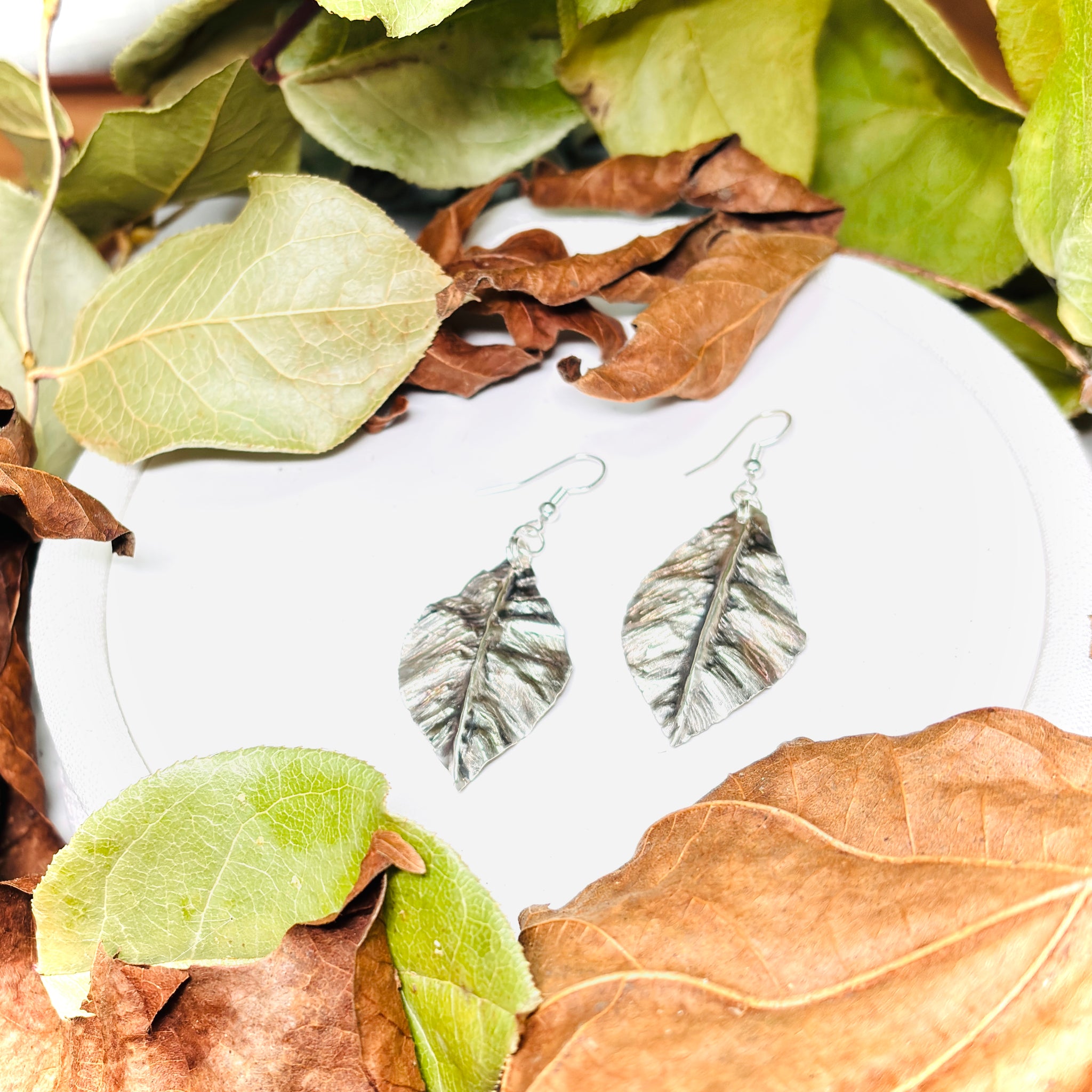 “WIDE LEAF LOVE”~Sterling Silver Hand Shaped Leaf Earrings