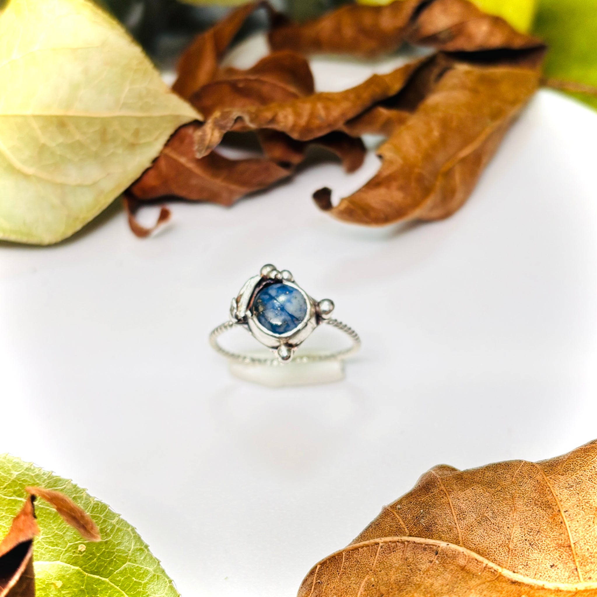 “SODALITE SIMPLICITY”~ Side Leaf Adorned sodlaite Ring with Delicate Twist Band