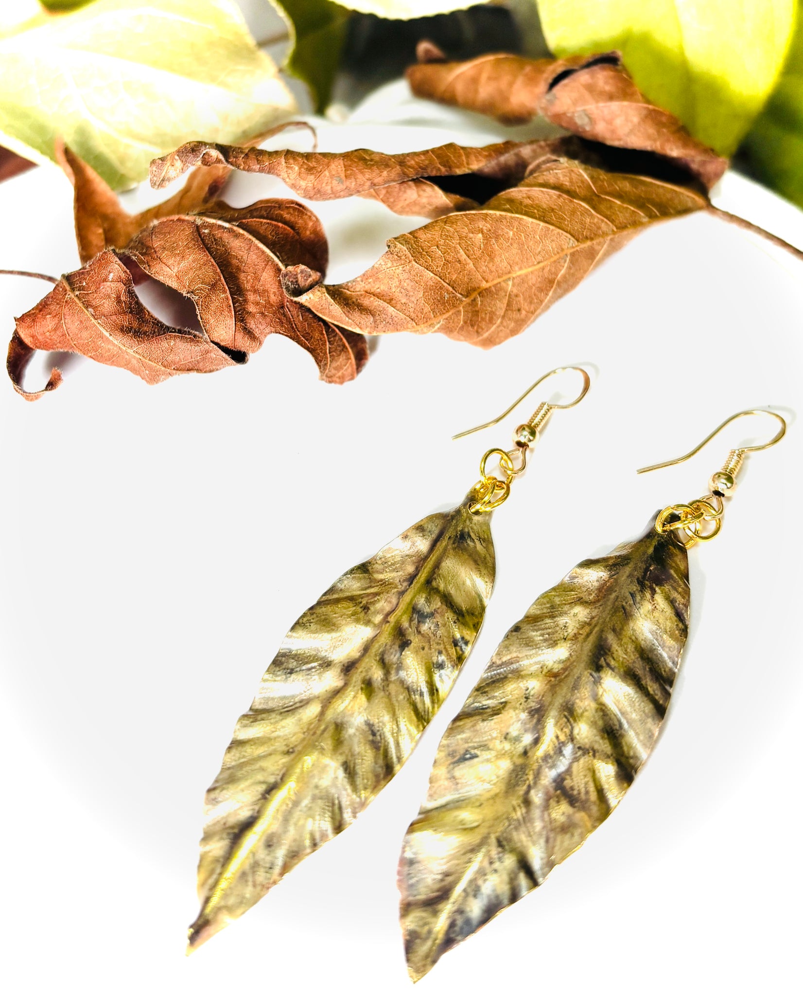 “CRISP AND CLASSY”~Hand Shaped/Etched Patina Brass Earrings