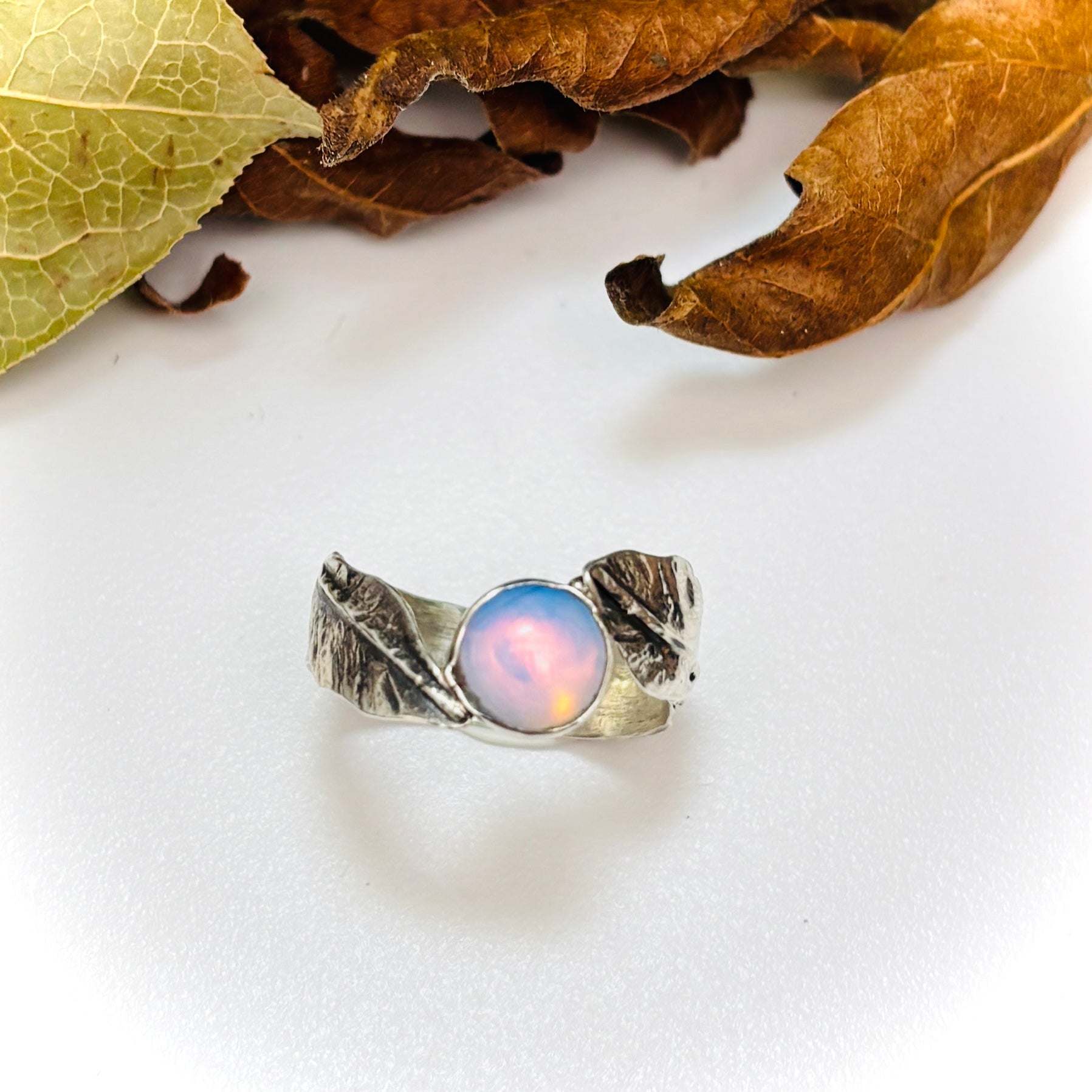 “FIERY OPALITE”~ Two Leaf Sterling Silver Ring