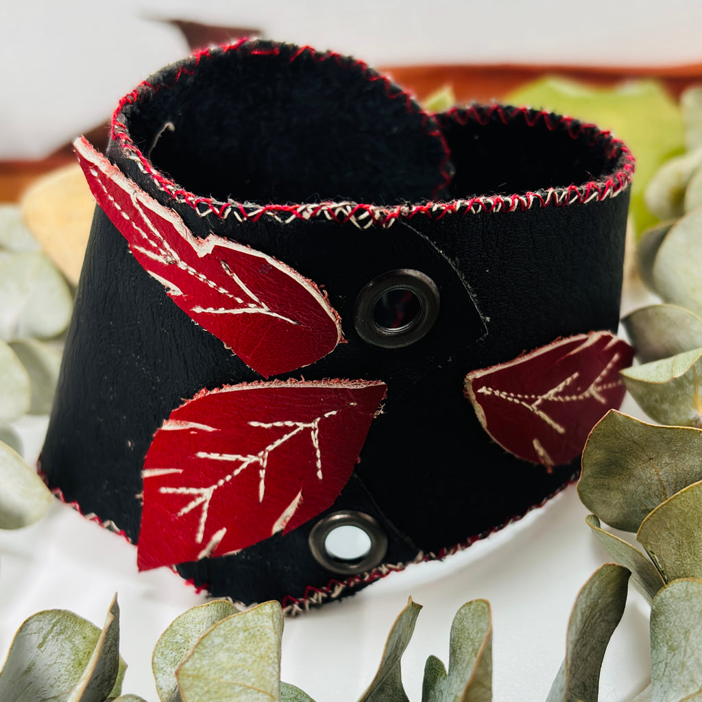 “ROCKI’N RED LEAVES” ~Riveted Leaf Crossover Cuff