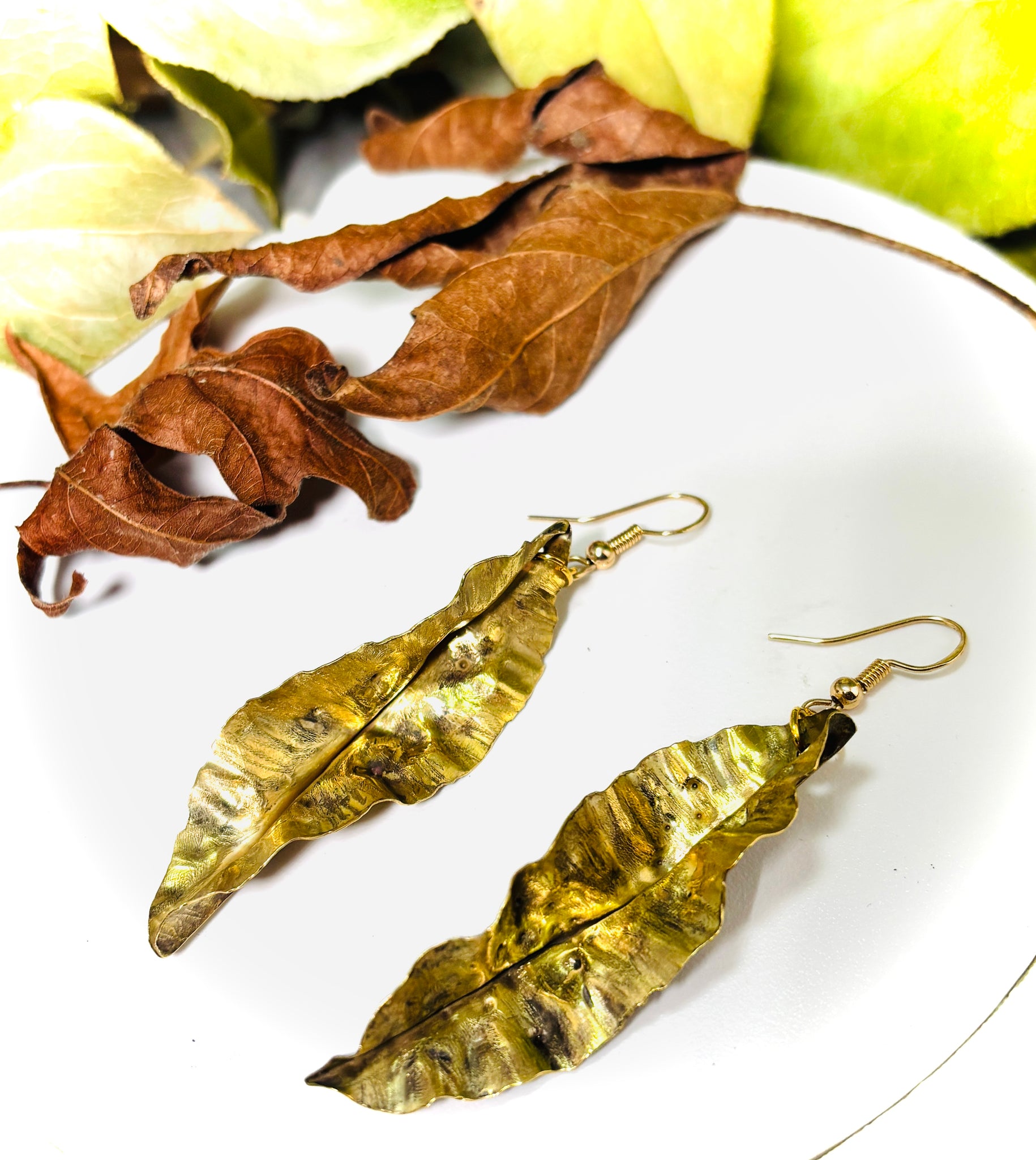 “NEWLY FALLEN”~Large Crepe Design Brass Leaf Earrings With a Twist