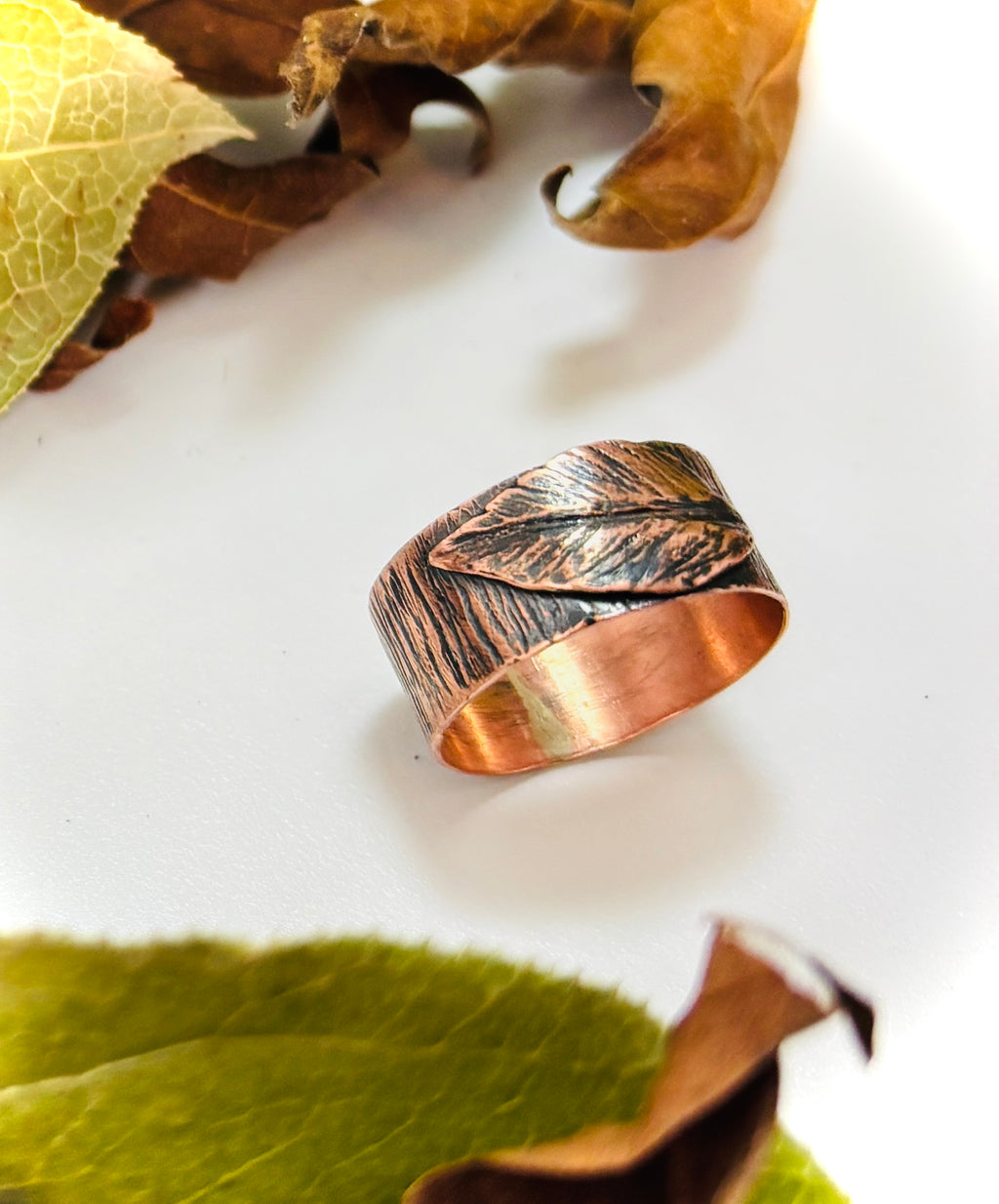 “COPPER BARK”~Hand Engraved Leaf and Bark Band Ring