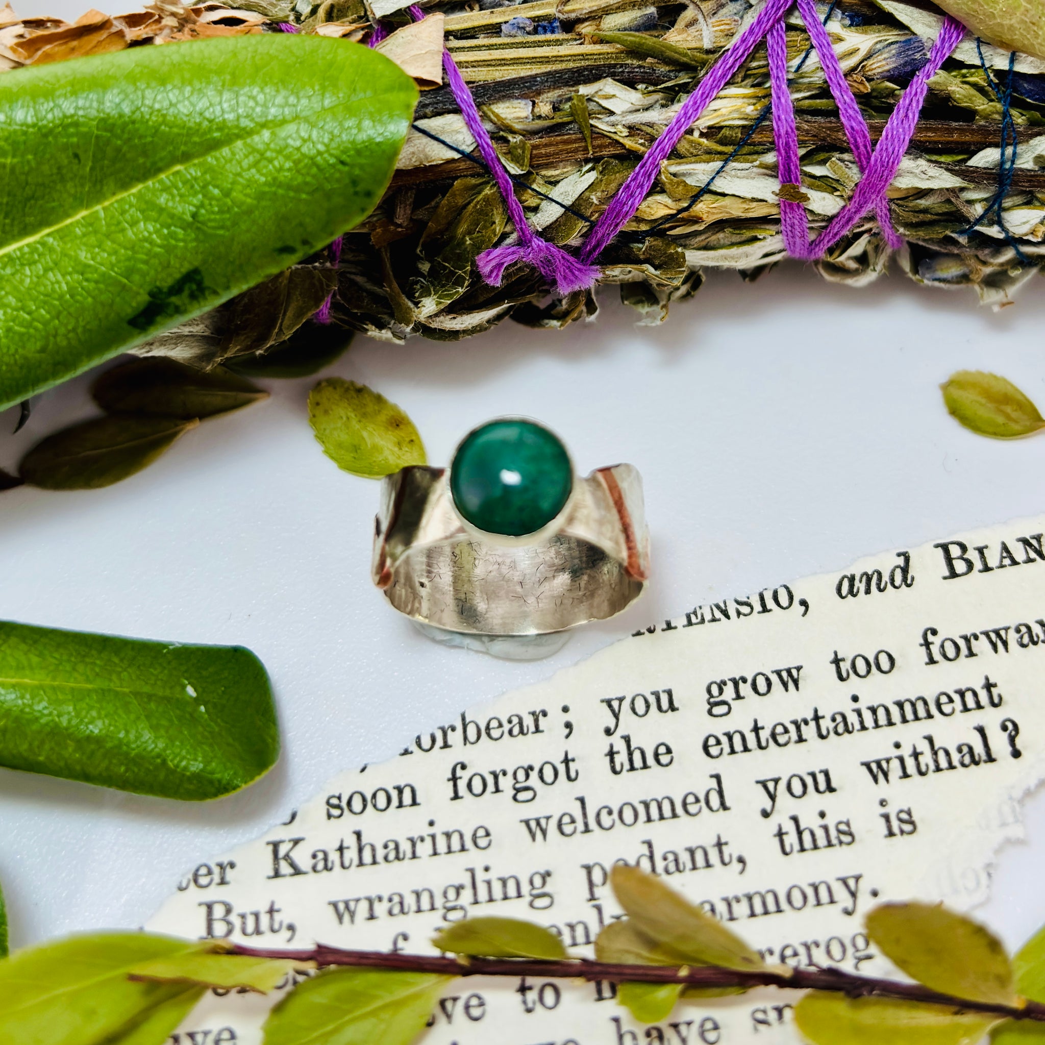 “FOREST VINES”~940 Fine Silver Jade Green Ring With Copper Wire Overlay