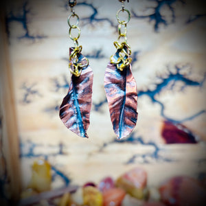 “TWISTED MIX”~Twisted Copper Leaf Earrings with Brass Loops.