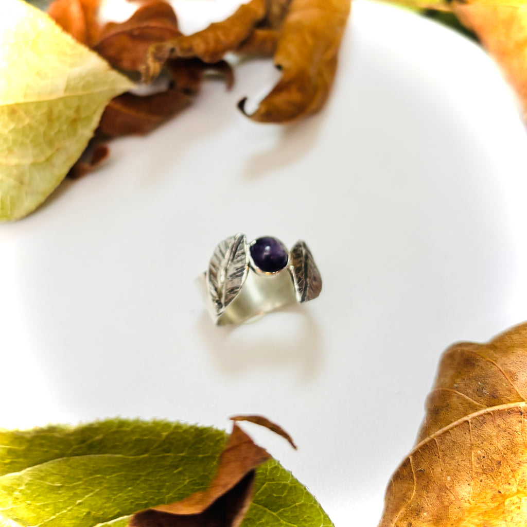 “PRECIOUS AMETHYST”~Two Leaf Sterling Silver Ring