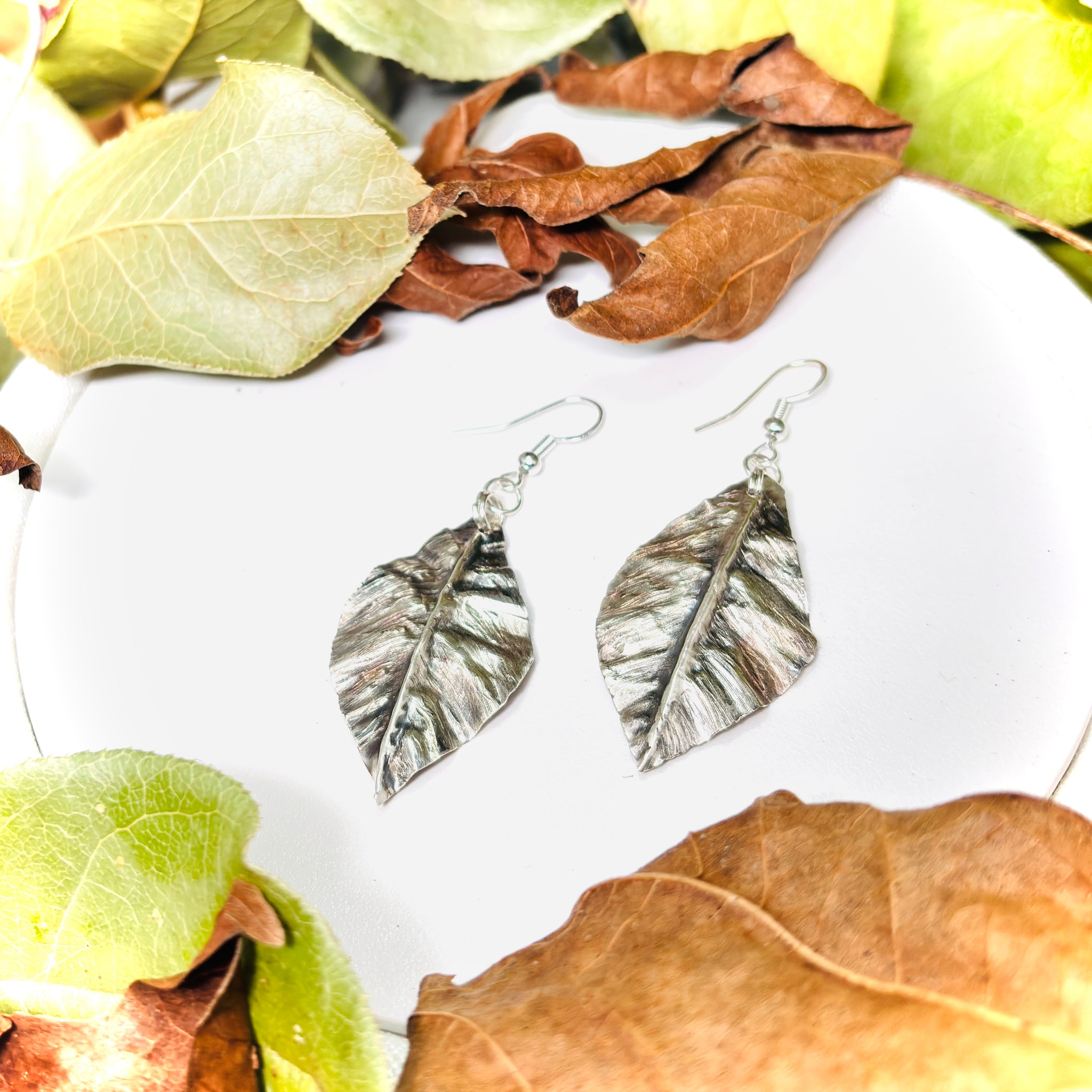 “WIDE LEAF LOVE”~Sterling Silver Hand Shaped Leaf Earrings