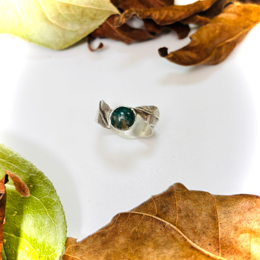 “MOSS AGATE LEAF”~ Two Leaf Sterling Silver Ring