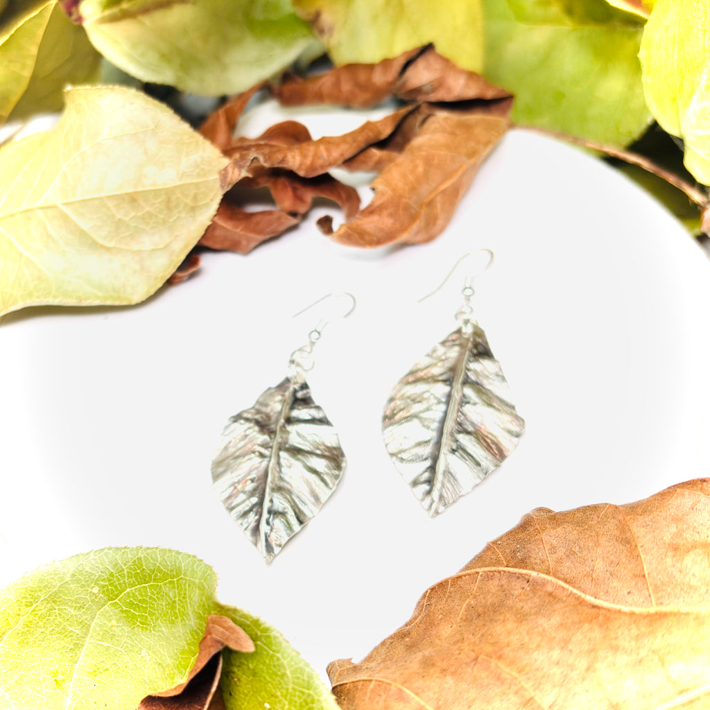 “WIDE LEAF LOVE”~Sterling Silver Hand Shaped Leaf Earrings