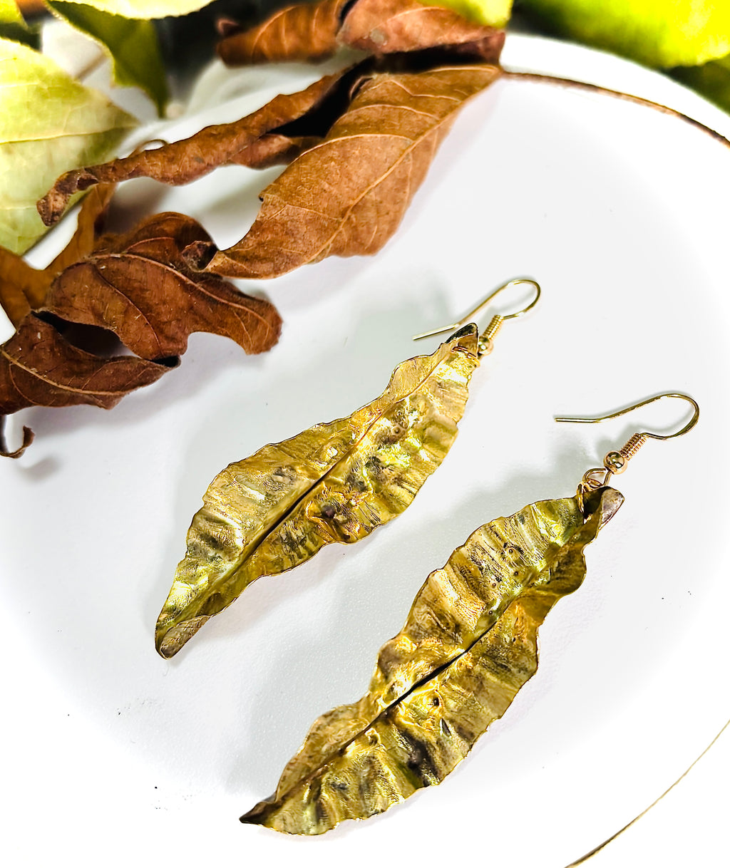 “NEWLY FALLEN”~Large Crepe Design Brass Leaf Earrings With a Twist