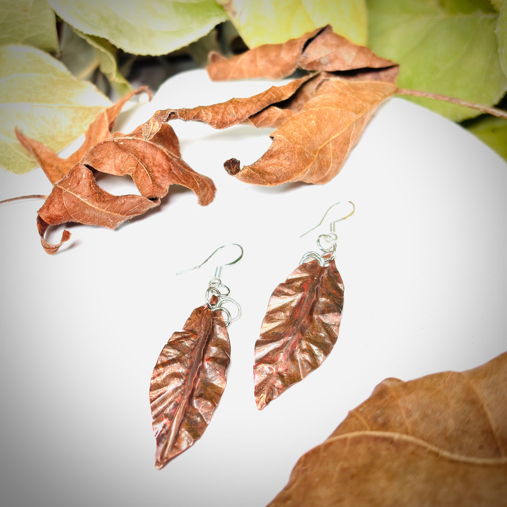 " SLEEK COPPER DROP"~ Copper Etched and Crinkle Leaf Earrings