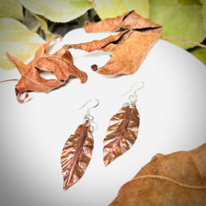 " SLEEK COPPER DROP"~ Copper Etched and Crinkle Leaf Earrings