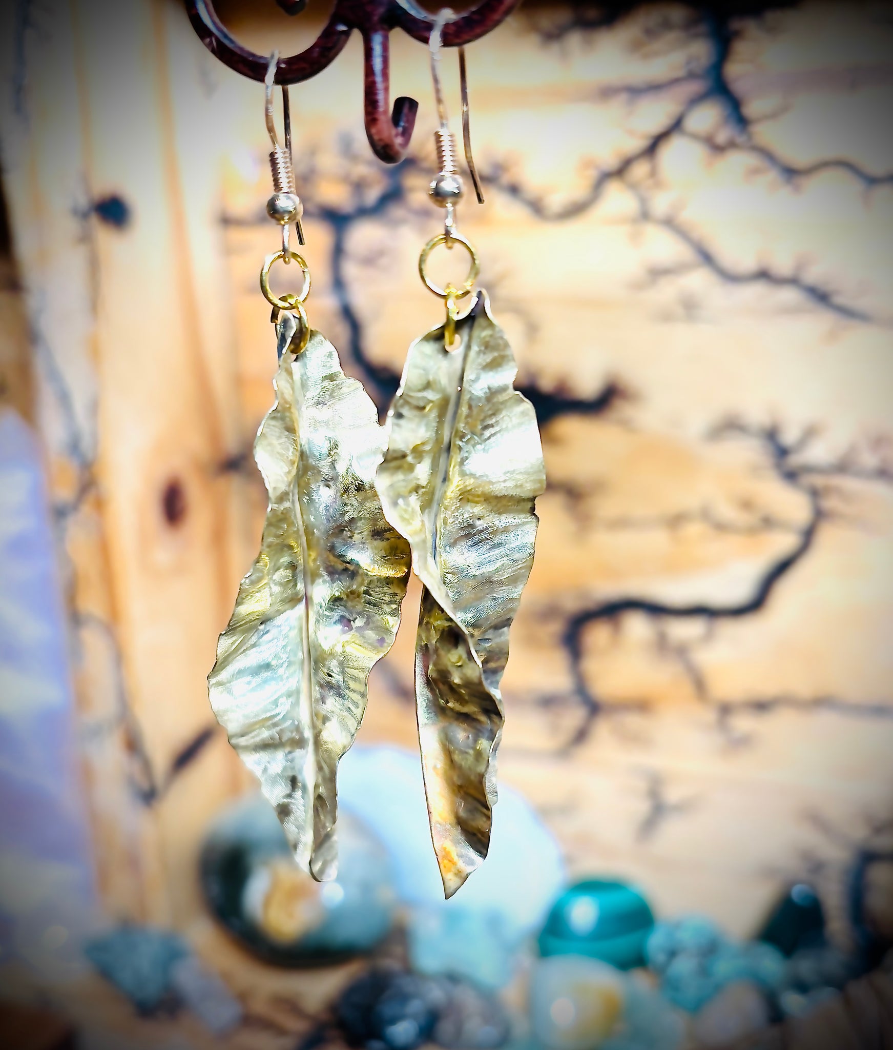 “NEWLY FALLEN”~Large Crepe Design Brass Leaf Earrings With a Twist
