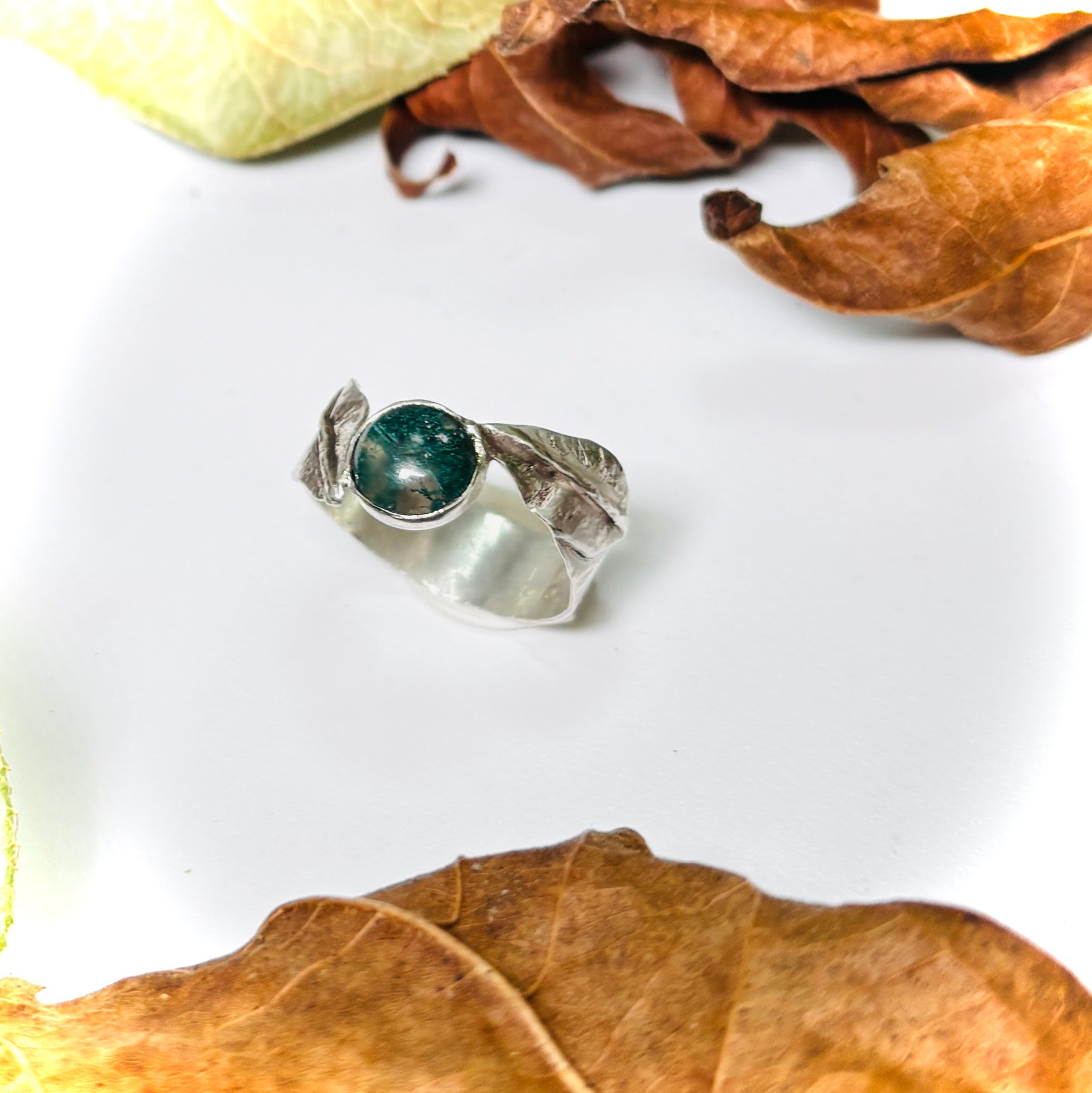 “MOSS AGATE LEAF”~ Two Leaf Sterling Silver Ring