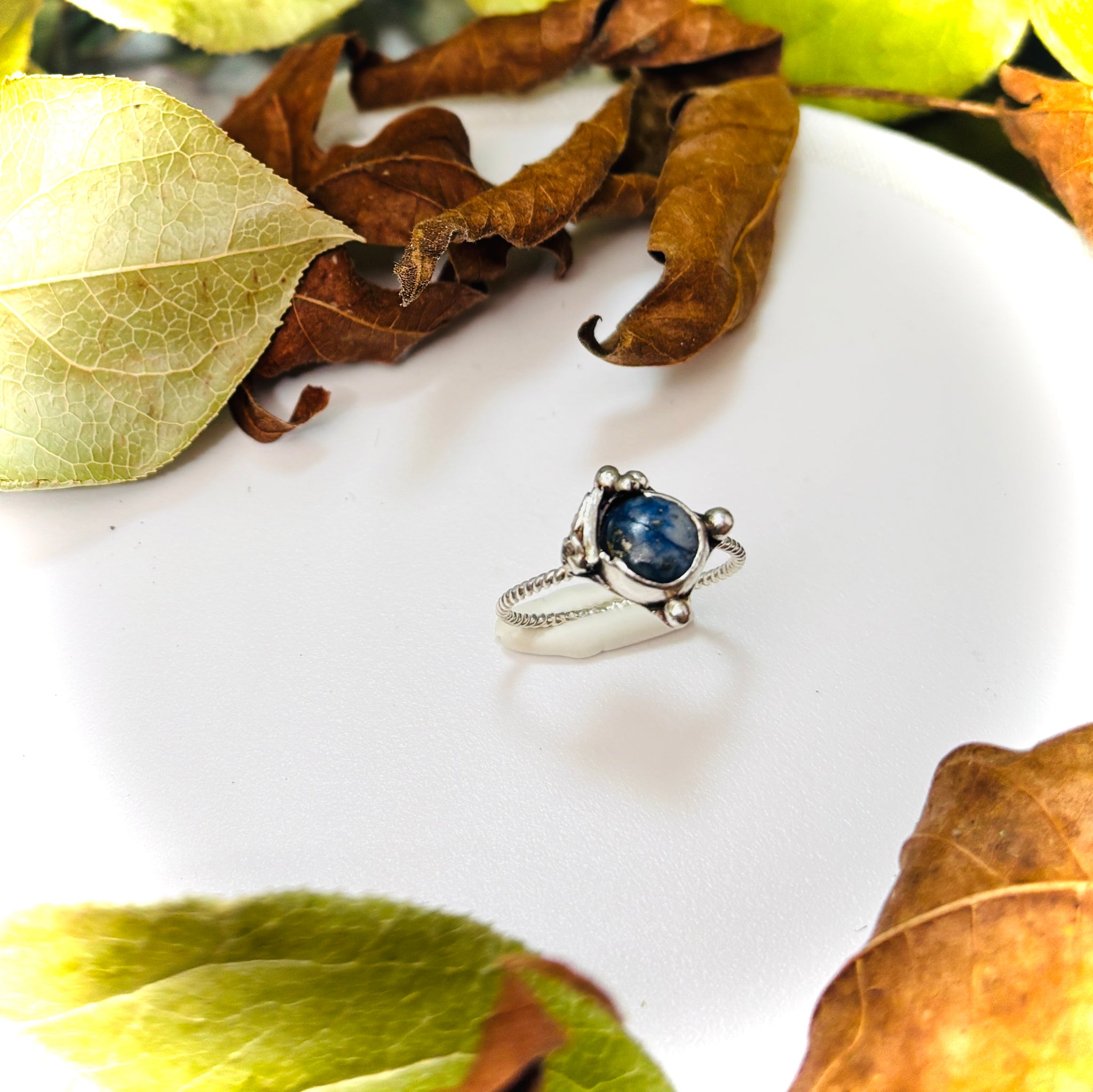 “SODALITE SIMPLICITY”~ Side Leaf Adorned sodlaite Ring with Delicate Twist Band