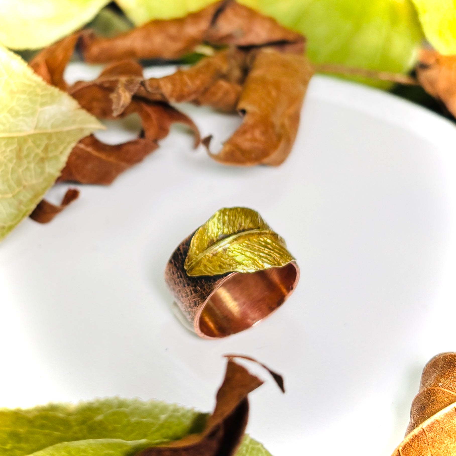 “GOLD LEAF HEALING”~Two Toned Copper and Brass Healing Leaf Ring