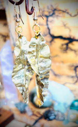 “NEWLY FALLEN”~Large Crepe Design Brass Leaf Earrings With a Twist