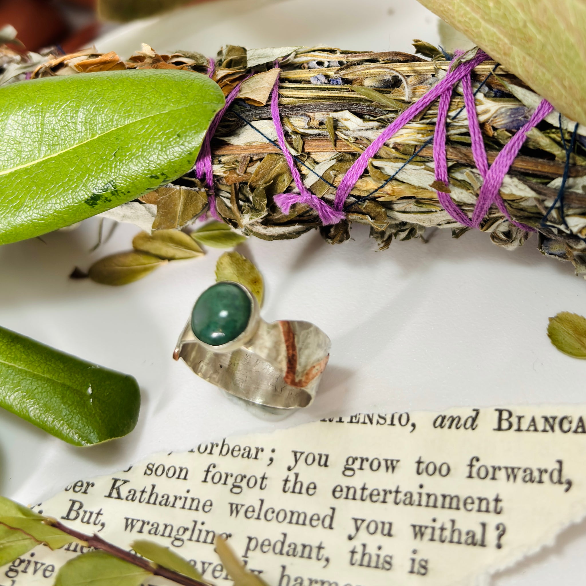 “FOREST VINES”~940 Fine Silver Jade Green Ring With Copper Wire Overlay