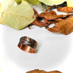 “COPPER BARK”~Hand Engraved Leaf and Bark Band Ring