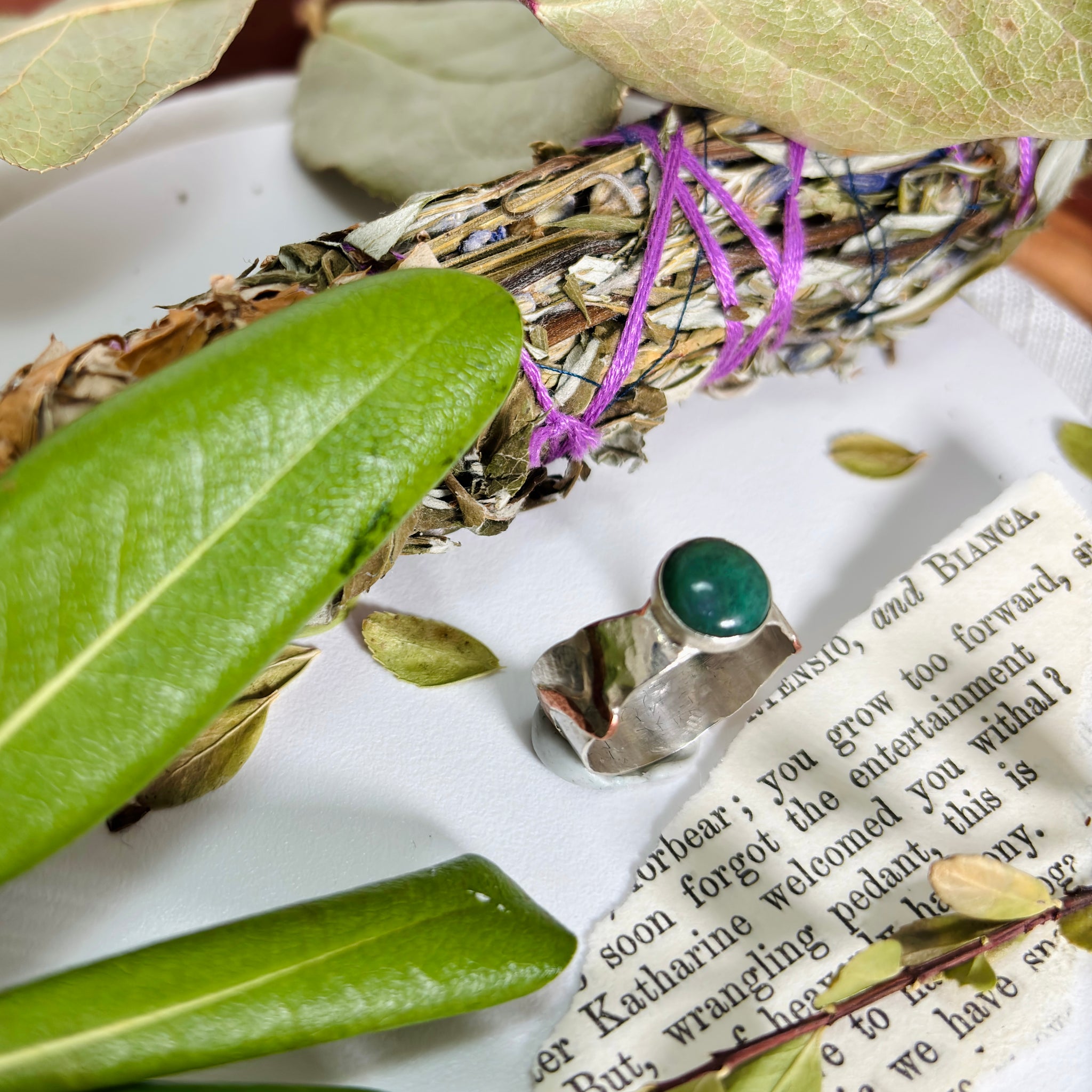 “FOREST VINES”~940 Fine Silver Jade Green Ring With Copper Wire Overlay