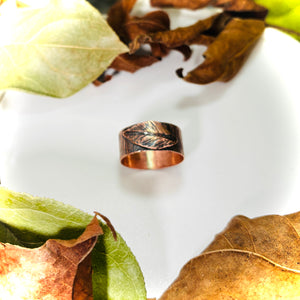 “COPPER BARK”~Hand Engraved Leaf and Bark Band Ring