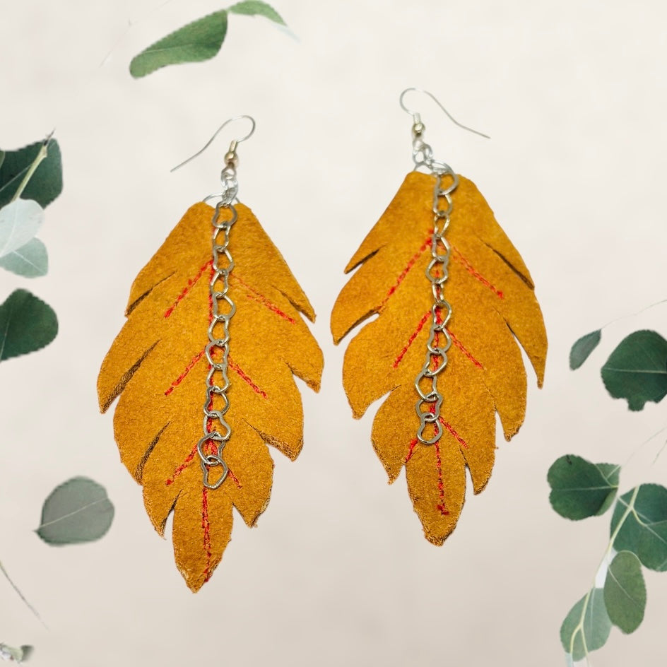 “FALL FOR YOUR HEARTS”~Vintage Rawhide Fleathers with Red Stitching and Dangling Hearts