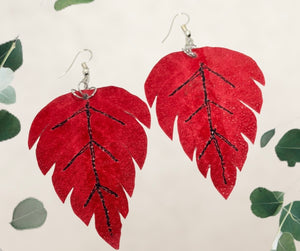 “HEART LEAF”~ Wide Leaf Red Suede with Black Stitching and Silver Loops