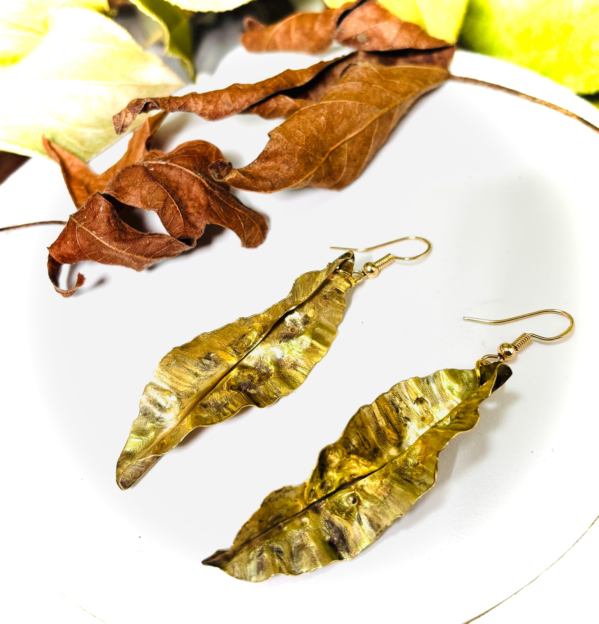 “NEWLY FALLEN”~Large Crepe Design Brass Leaf Earrings With a Twist