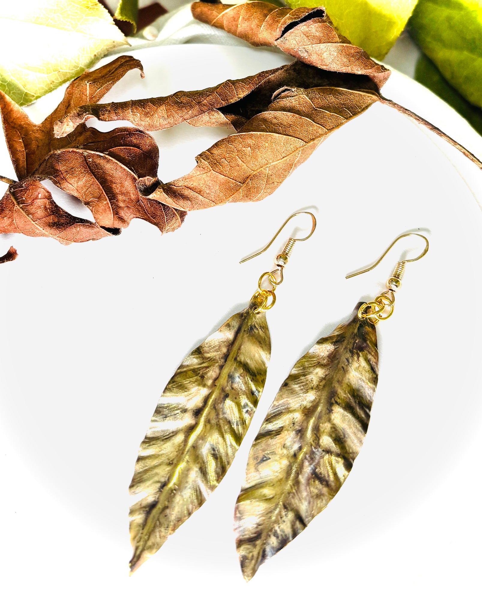 “CRISP AND CLASSY”~Hand Shaped/Etched Patina Brass Earrings