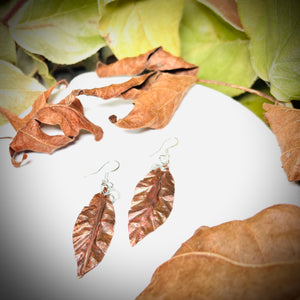" SLEEK COPPER DROP"~ Copper Etched and Crinkle Leaf Earrings