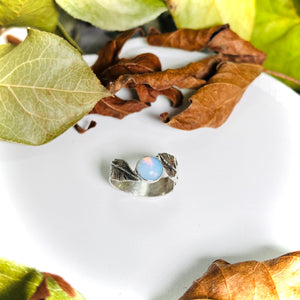 “FIERY OPALITE”~ Two Leaf Sterling Silver Ring