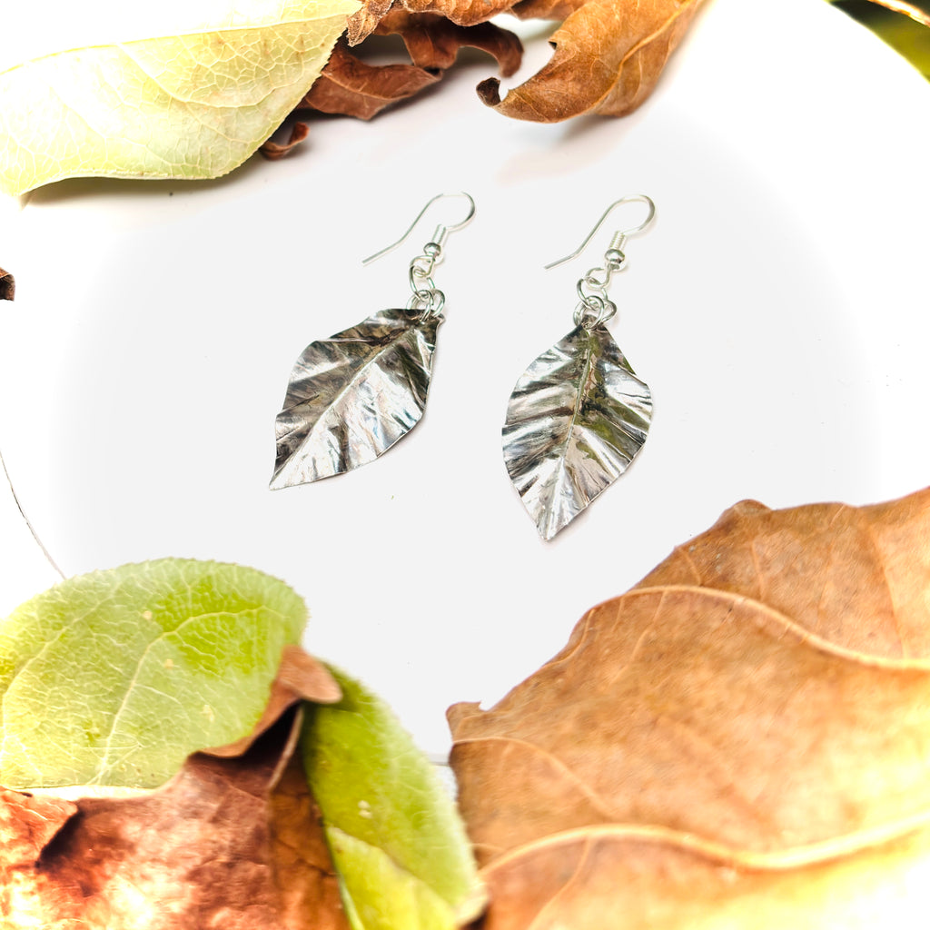 “DELICATELY FALLEN”~ Smaller Sterling Silver Hand Shaped Leaf Earrings
