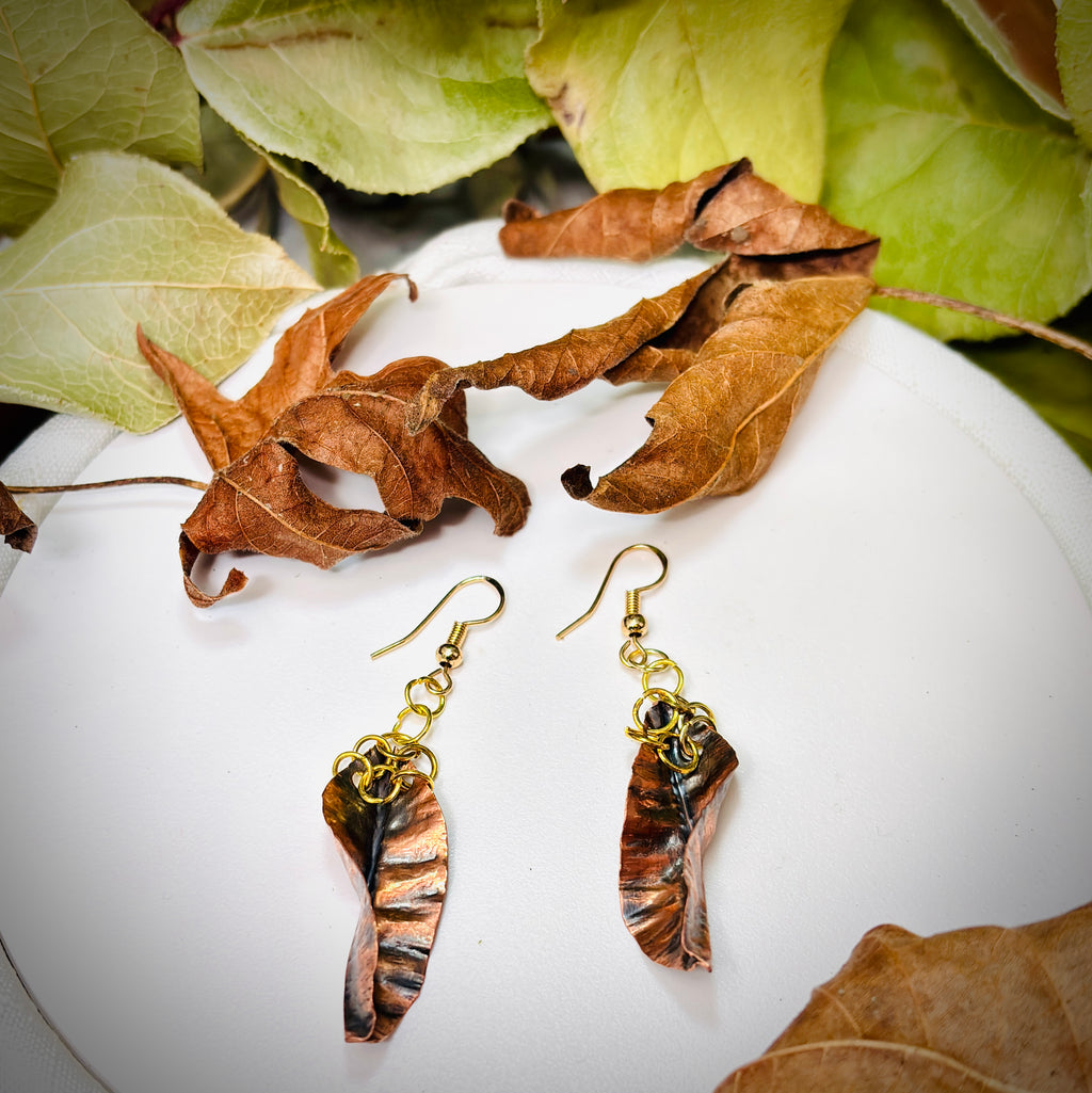 “TWISTED MIX”~Twisted Copper Leaf Earrings with Brass Loops.