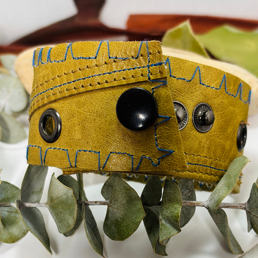 “RIVER RUN”~Mustard Green Double Stitched and Riveted Cuff