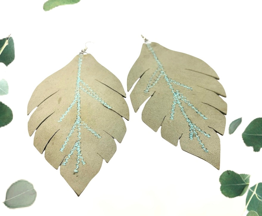 “SUPPLE SAGE”~Large soft Fleathers with Soft Teal Stitching