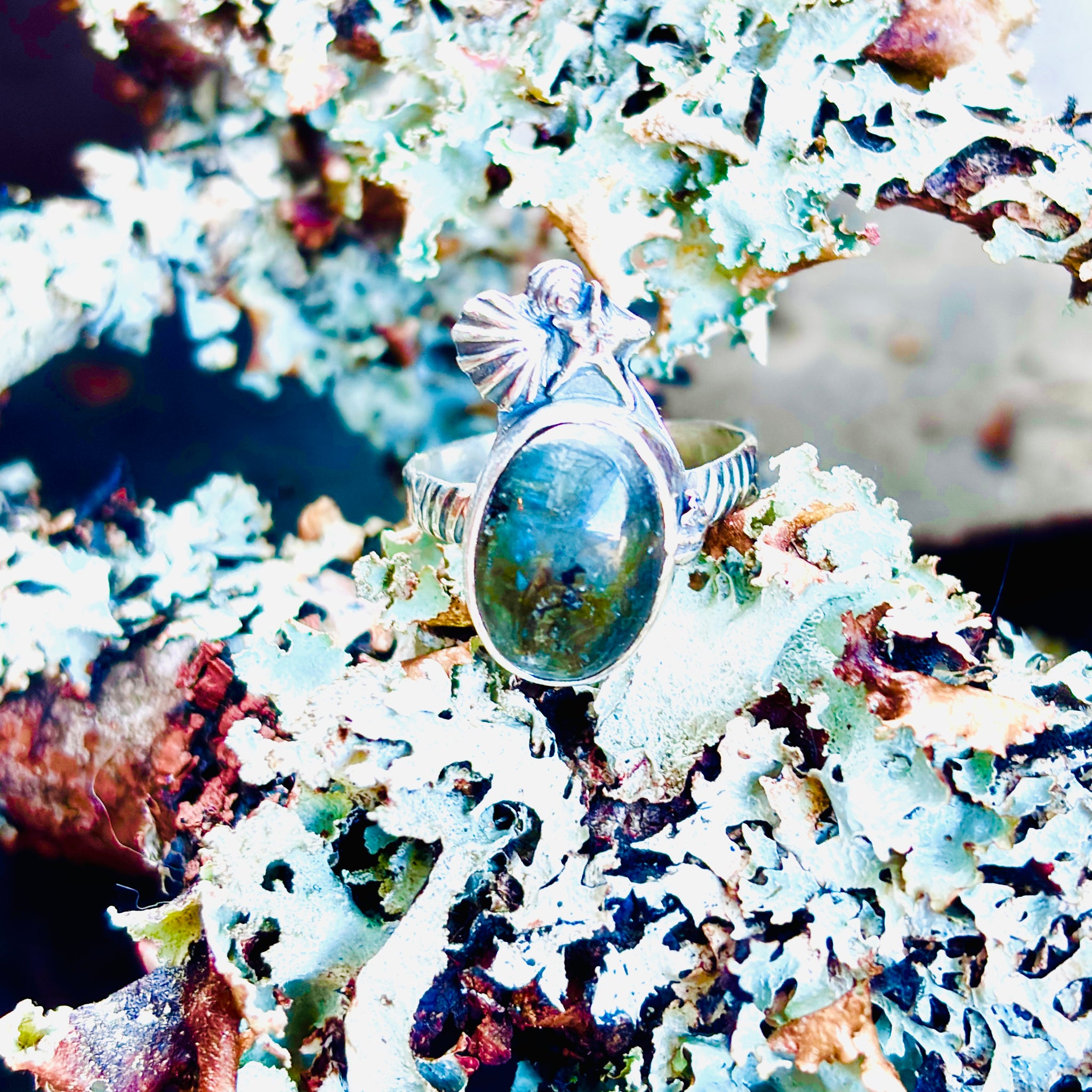 “SEA TREASURES”~Labradorite Sterling Silver Sea Shell/Starfish Ring