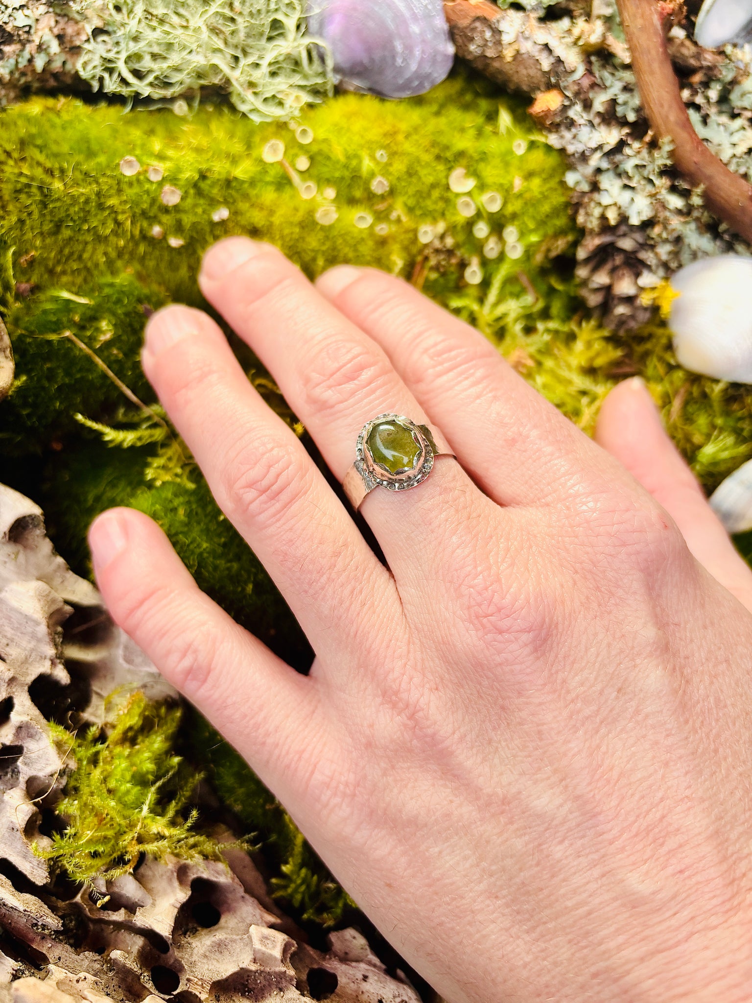 MOSSY SHIMMER~ Oval Moss Agate Sterling Silver Band Ring