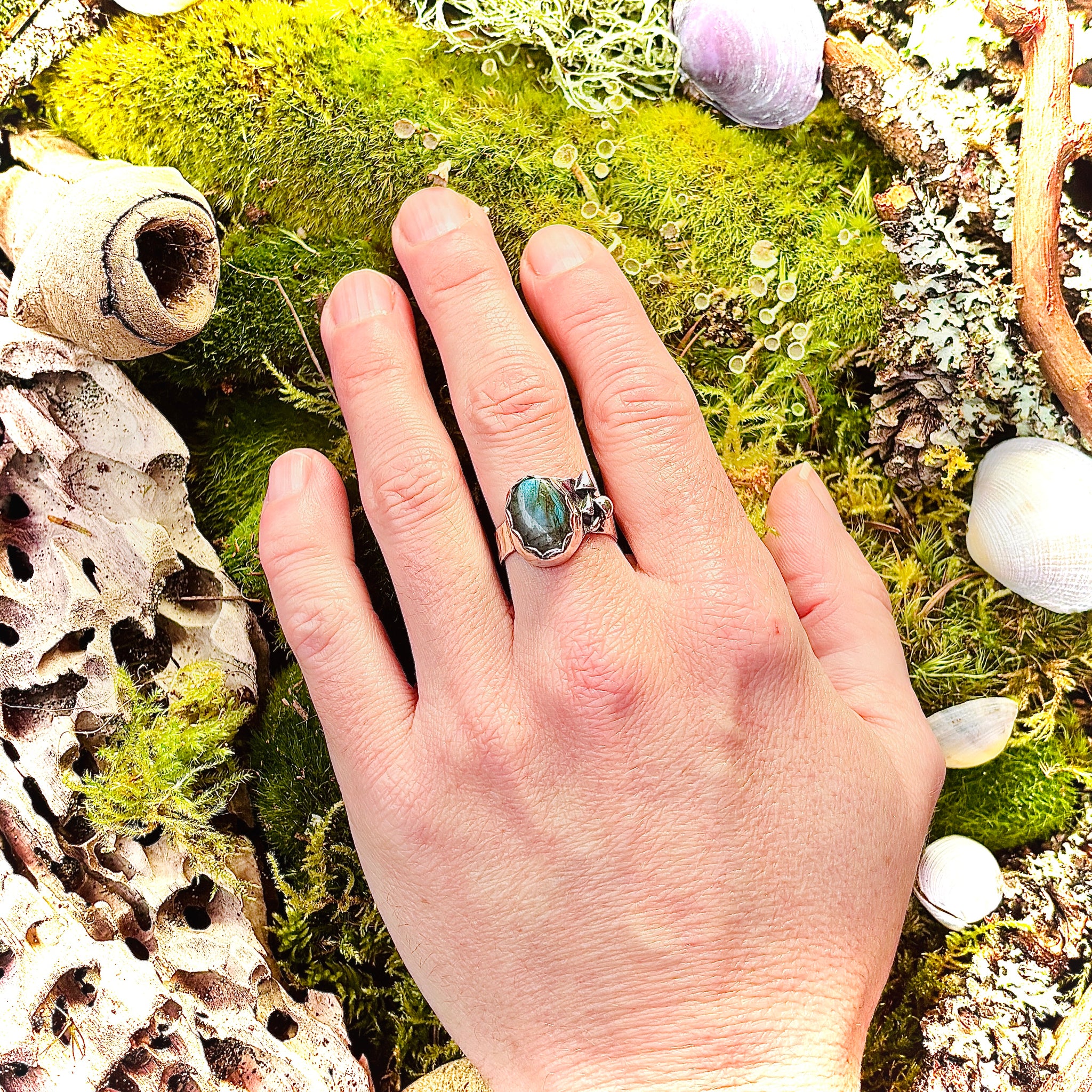 “ FOREST MUSHROOM FRIENDS”~ Labradorite Sterling Silver Ring